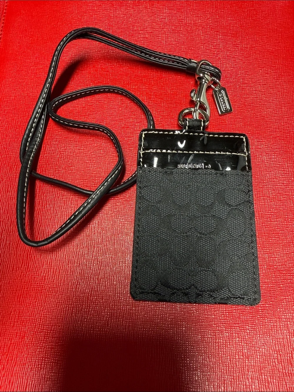 Coach Black Gray Signature Lanyard Card Case with Patent Trim